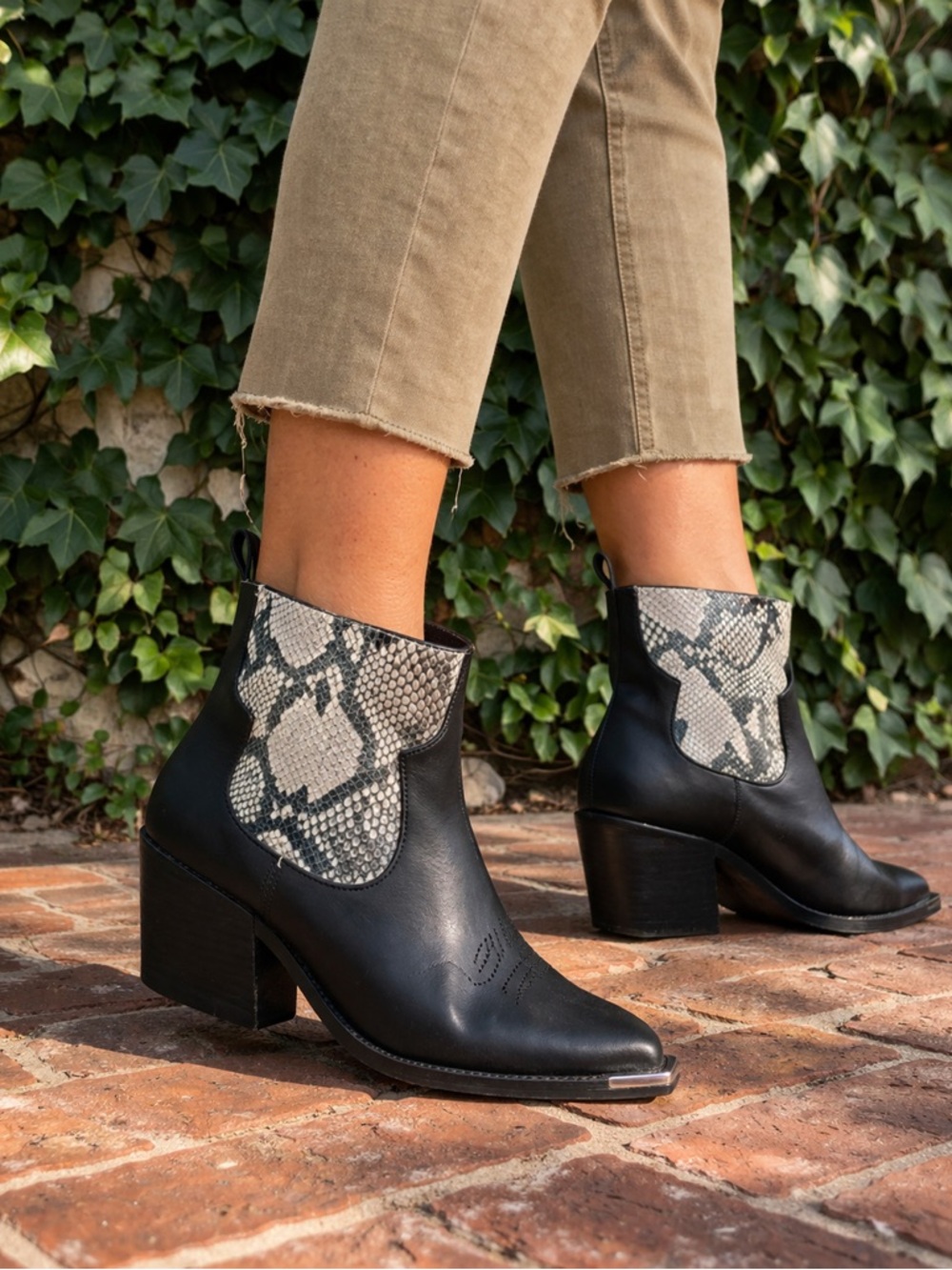 DOLCE VITA Coastal Cowgirl Black Leather and Reptile Albie Western Booties, 8.5